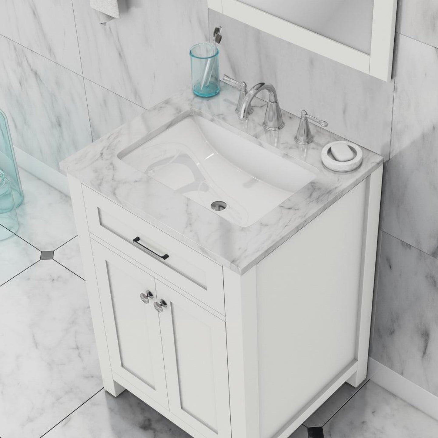 Alya Bath Norwalk 24" Single White Freestanding  Bathroom Vanity With Carrara Marble Top, Ceramic Sink and Wall Mounted Mirror - HE-101-24-W-CWMT + HE-101/102-24-W-M