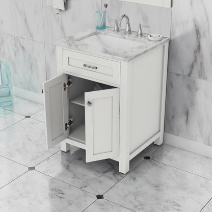 Alya Bath Norwalk 24" Single White Freestanding  Bathroom Vanity With Carrara Marble Top, Ceramic Sink and Wall Mounted Mirror - HE-101-24-W-CWMT + HE-101/102-24-W-M