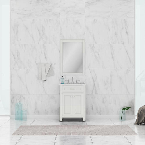 Alya Bath Norwalk 24" Single White Freestanding  Bathroom Vanity With Carrara Marble Top, Ceramic Sink and Wall Mounted Mirror - HE-101-24-W-CWMT + HE-101/102-24-W-M