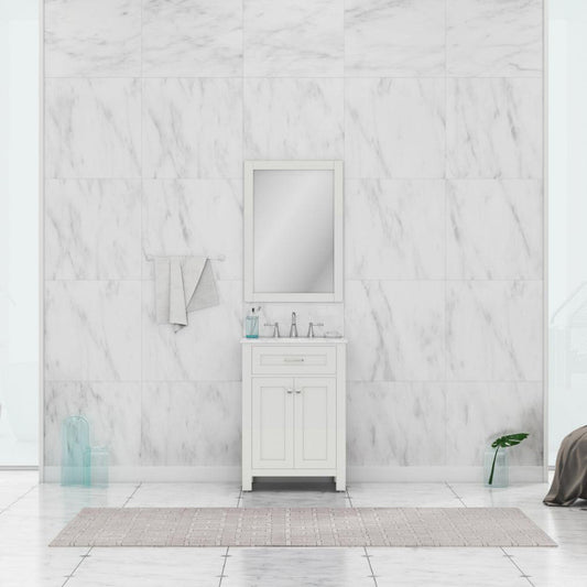 Alya Bath Norwalk 24" Single White Freestanding  Bathroom Vanity With Carrara Marble Top, Ceramic Sink and Wall Mounted Mirror - HE-101-24-W-CWMT + HE-101/102-24-W-M