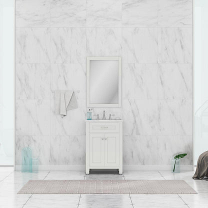 Alya Bath Norwalk 24" Single White Freestanding  Bathroom Vanity With Carrara Marble Top, Ceramic Sink and Wall Mounted Mirror - HE-101-24-W-CWMT + HE-101/102-24-W-M