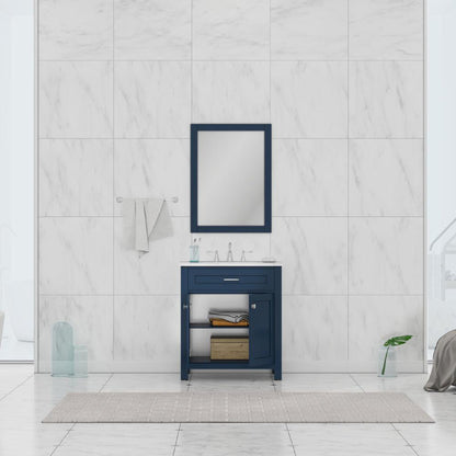 Alya Bath Norwalk 30" Single Blue Freestanding  Bathroom Vanity With Carrara Marble Top, Ceramic Sink and Wall Mounted Mirror - HE-101-30-B-CWMT + HE-101/102-30-B-M