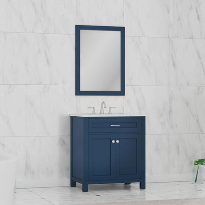 Alya Bath Norwalk 30" Single Blue Freestanding  Bathroom Vanity With Carrara Marble Top, Ceramic Sink and Wall Mounted Mirror - HE-101-30-B-CWMT + HE-101/102-30-B-M