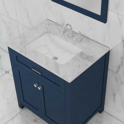 Alya Bath Norwalk 30" Single Blue Freestanding  Bathroom Vanity With Carrara Marble Top, Ceramic Sink and Wall Mounted Mirror - HE-101-30-B-CWMT + HE-101/102-30-B-M