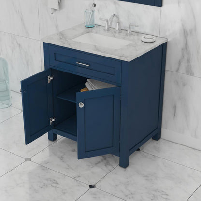 Alya Bath Norwalk 30" Single Blue Freestanding  Bathroom Vanity With Carrara Marble Top, Ceramic Sink and Wall Mounted Mirror - HE-101-30-B-CWMT + HE-101/102-30-B-M