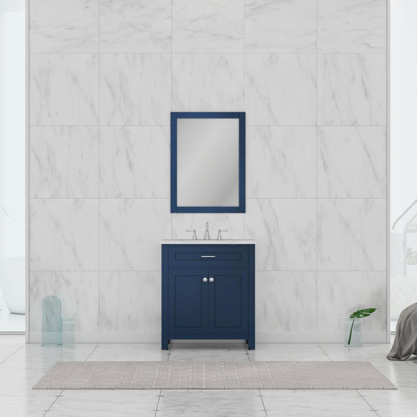 Alya Bath Norwalk 30" Single Blue Freestanding  Bathroom Vanity With Carrara Marble Top, Ceramic Sink and Wall Mounted Mirror - HE-101-30-B-CWMT + HE-101/102-30-B-M
