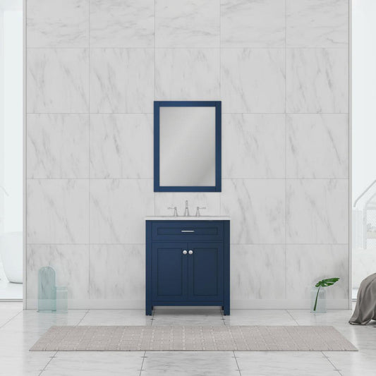 Alya Bath Norwalk 30" Single Blue Freestanding  Bathroom Vanity With Carrara Marble Top, Ceramic Sink and Wall Mounted Mirror - HE-101-30-B-CWMT + HE-101/102-30-B-M