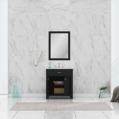 Alya Bath Norwalk 30" Single Espresso Freestanding Bathroom Vanity With Carrara Marble Top, Ceramic Sink and Wall Mounted Mirror - HE-101-30-E-CWMT + HE-101/102-30-E-M