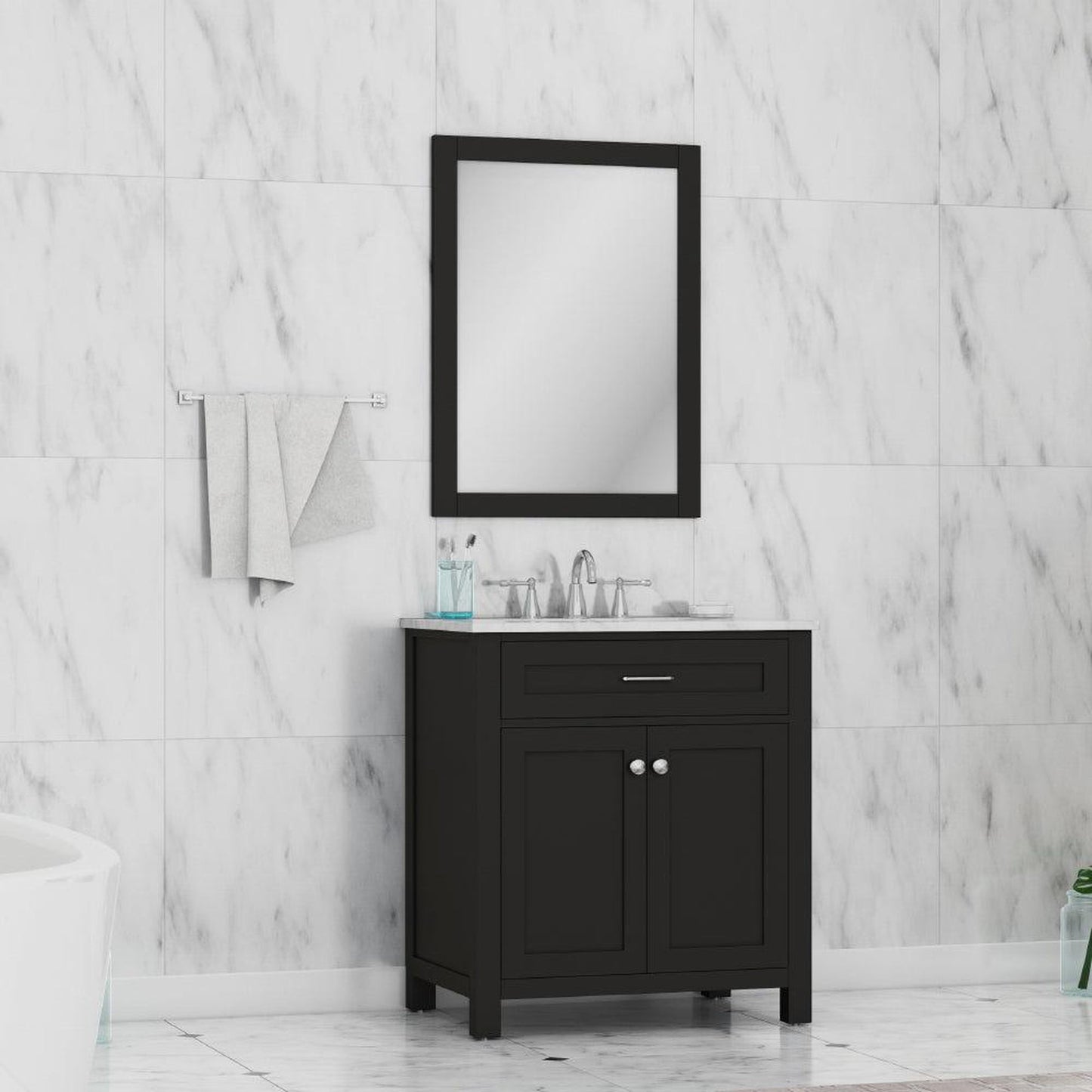 Alya Bath Norwalk 30" Single Espresso Freestanding Bathroom Vanity With Carrara Marble Top, Ceramic Sink and Wall Mounted Mirror - HE-101-30-E-CWMT + HE-101/102-30-E-M