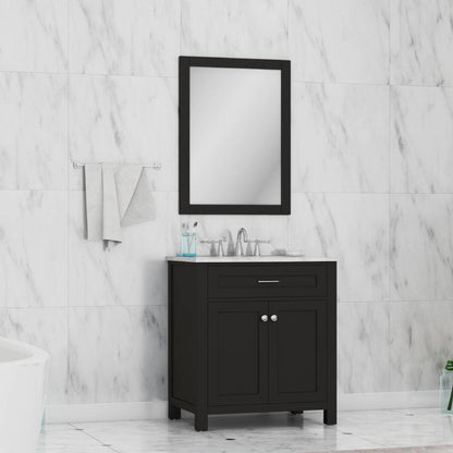 Alya Bath Norwalk 30" Single Espresso Freestanding Bathroom Vanity With Carrara Marble Top, Ceramic Sink and Wall Mounted Mirror - HE-101-30-E-CWMT + HE-101/102-30-E-M