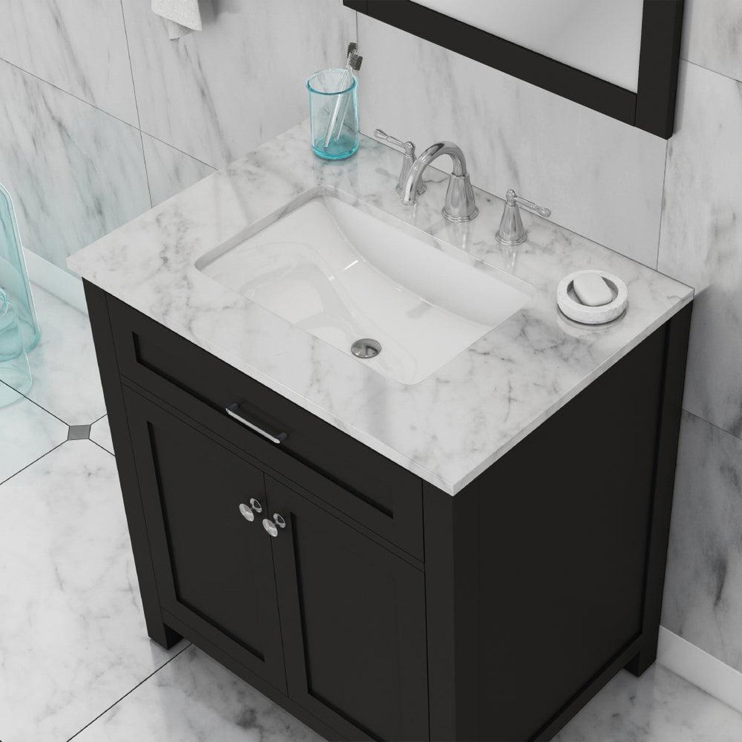 Alya Bath Norwalk 30" Single Espresso Freestanding Bathroom Vanity With Carrara Marble Top, Ceramic Sink and Wall Mounted Mirror - HE-101-30-E-CWMT + HE-101/102-30-E-M