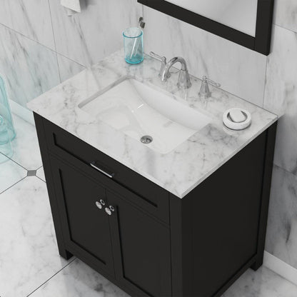 Alya Bath Norwalk 30" Single Espresso Freestanding Bathroom Vanity With Carrara Marble Top, Ceramic Sink and Wall Mounted Mirror - HE-101-30-E-CWMT + HE-101/102-30-E-M