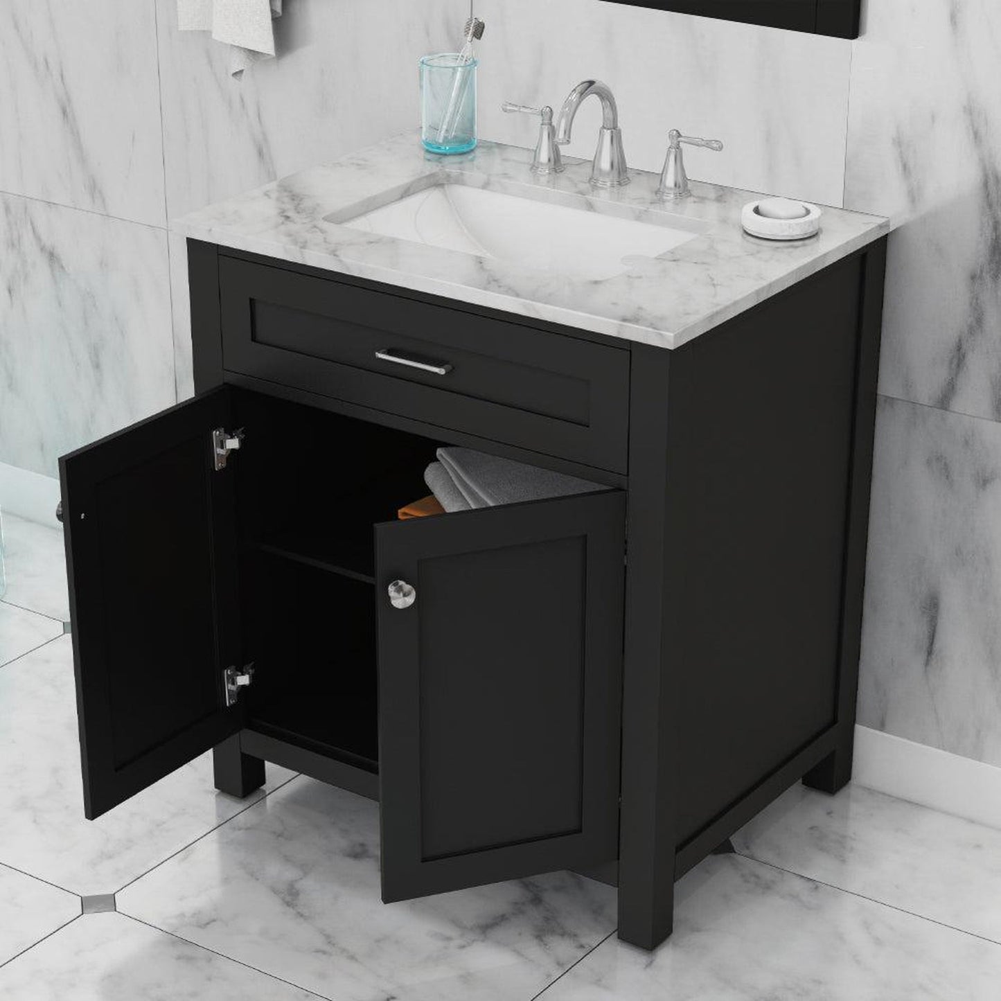 Alya Bath Norwalk 30" Single Espresso Freestanding Bathroom Vanity With Carrara Marble Top, Ceramic Sink and Wall Mounted Mirror - HE-101-30-E-CWMT + HE-101/102-30-E-M