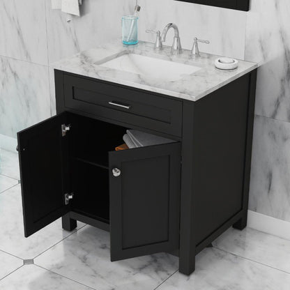 Alya Bath Norwalk 30" Single Espresso Freestanding Bathroom Vanity With Carrara Marble Top, Ceramic Sink and Wall Mounted Mirror - HE-101-30-E-CWMT + HE-101/102-30-E-M