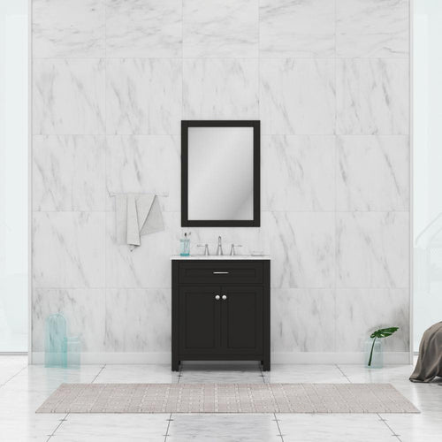 Alya Bath Norwalk 30" Single Espresso Freestanding Bathroom Vanity With Carrara Marble Top, Ceramic Sink and Wall Mounted Mirror - HE-101-30-E-CWMT + HE-101/102-30-E-M