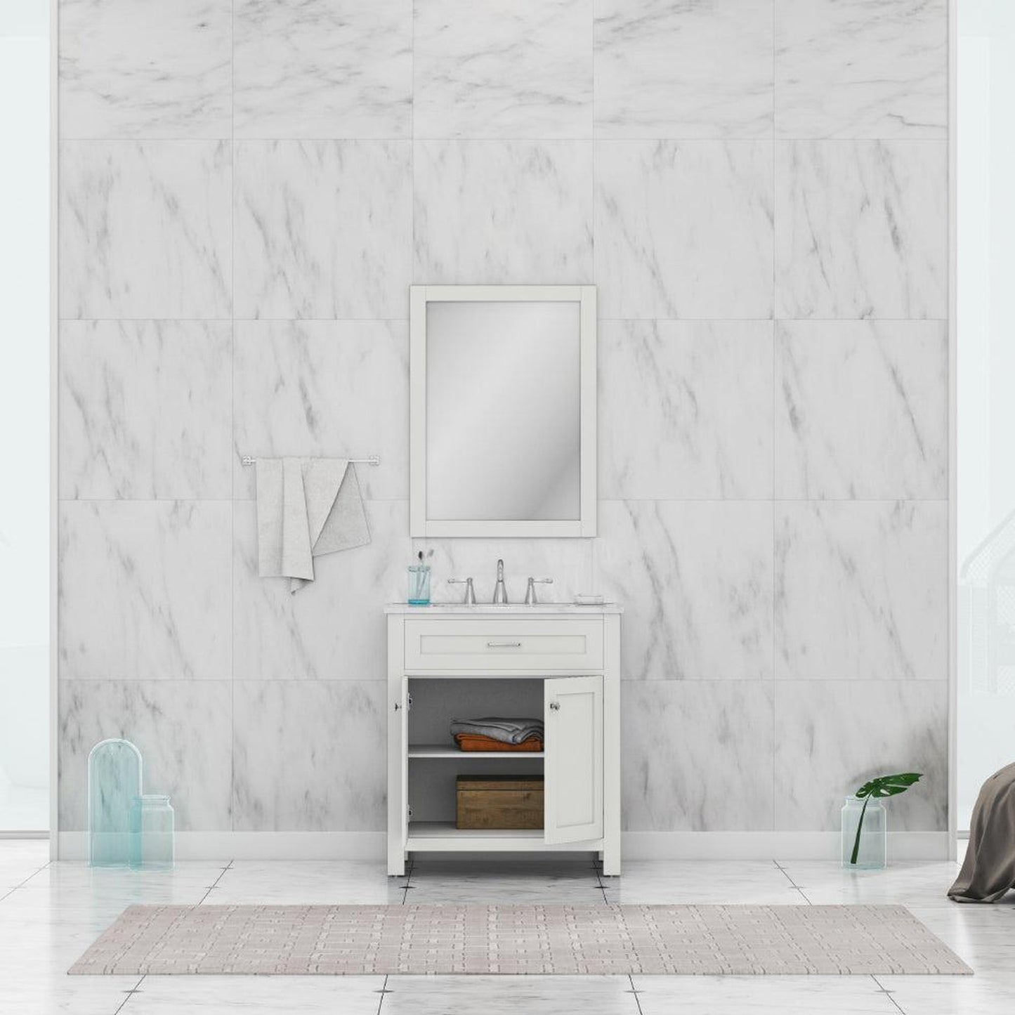 Alya Bath Norwalk 30" Single White Freestanding  Bathroom Vanity With Carrara Marble Top, Ceramic Sink and Wall Mounted Mirror - HE-101-30-W-CWMT + HE-101/102-30-W-M