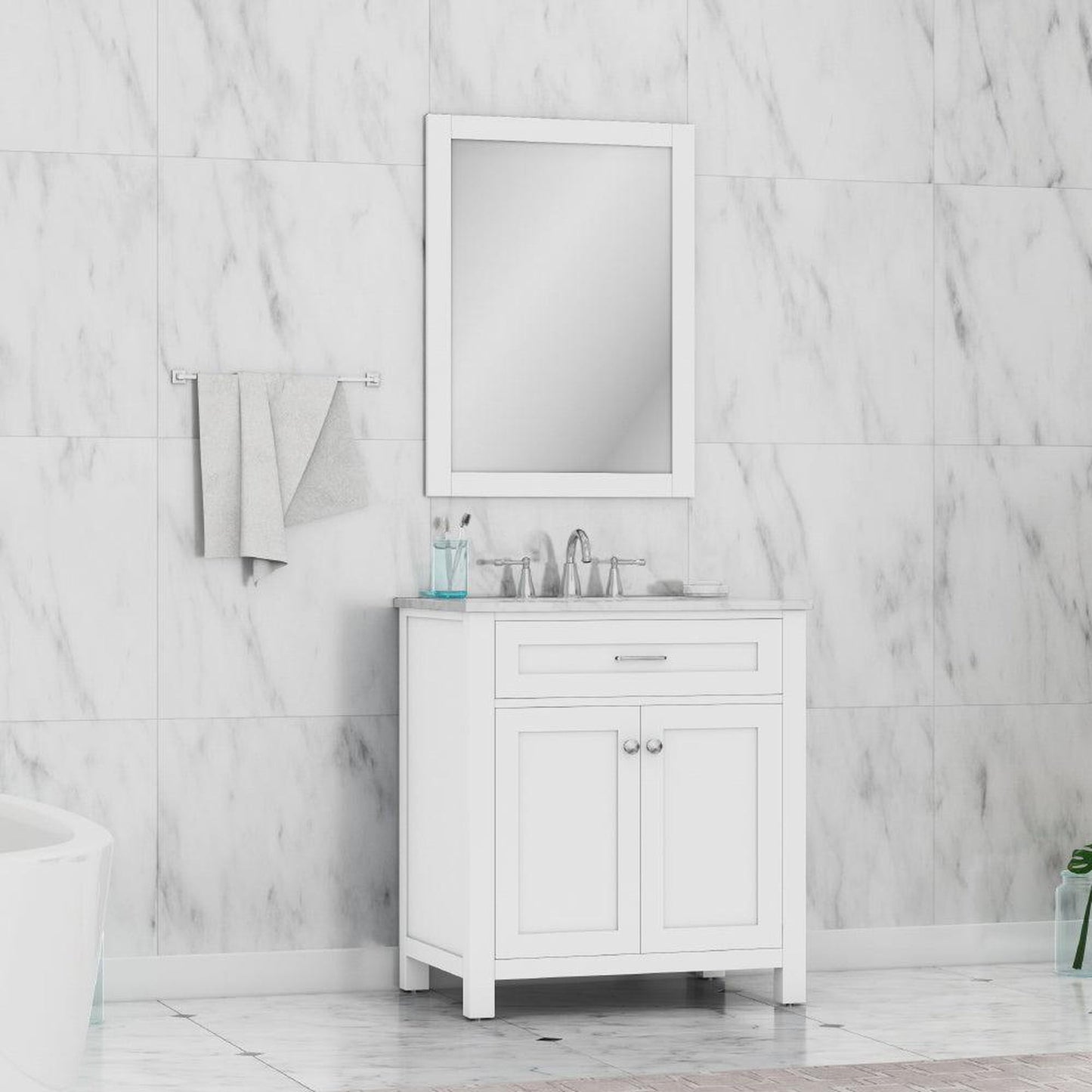 Alya Bath Norwalk 30" Single White Freestanding  Bathroom Vanity With Carrara Marble Top, Ceramic Sink and Wall Mounted Mirror - HE-101-30-W-CWMT + HE-101/102-30-W-M