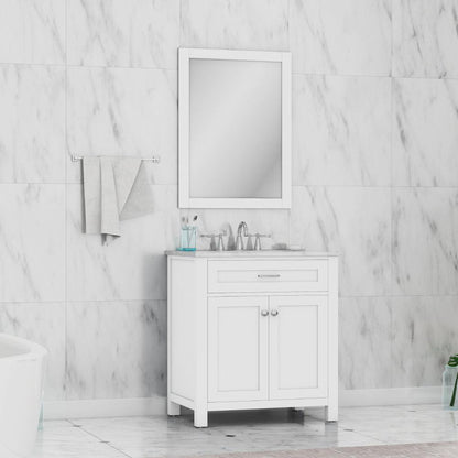 Alya Bath Norwalk 30" Single White Freestanding  Bathroom Vanity With Carrara Marble Top, Ceramic Sink and Wall Mounted Mirror - HE-101-30-W-CWMT + HE-101/102-30-W-M