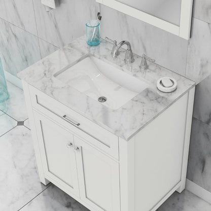 Alya Bath Norwalk 30" Single White Freestanding  Bathroom Vanity With Carrara Marble Top, Ceramic Sink and Wall Mounted Mirror - HE-101-30-W-CWMT + HE-101/102-30-W-M