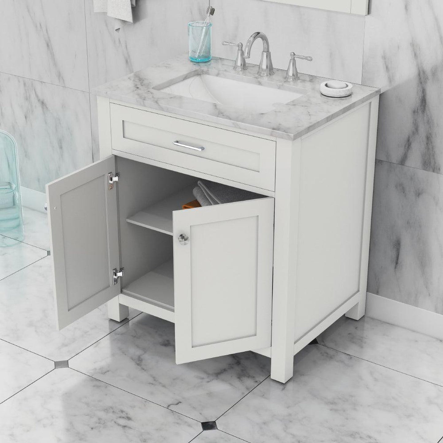 Alya Bath Norwalk 30" Single White Freestanding  Bathroom Vanity With Carrara Marble Top, Ceramic Sink and Wall Mounted Mirror - HE-101-30-W-CWMT + HE-101/102-30-W-M