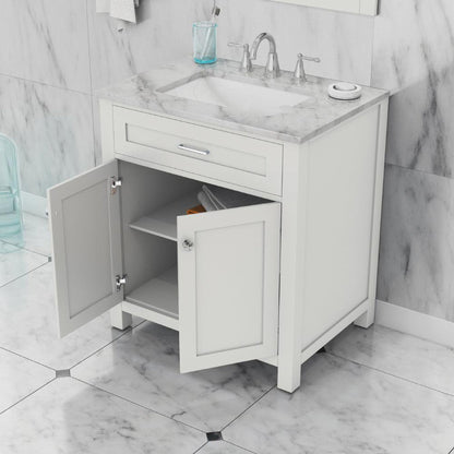Alya Bath Norwalk 30" Single White Freestanding  Bathroom Vanity With Carrara Marble Top, Ceramic Sink and Wall Mounted Mirror - HE-101-30-W-CWMT + HE-101/102-30-W-M