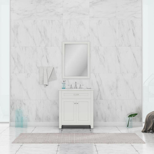 Alya Bath Norwalk 30" Single White Freestanding  Bathroom Vanity With Carrara Marble Top, Ceramic Sink and Wall Mounted Mirror - HE-101-30-W-CWMT + HE-101/102-30-W-M