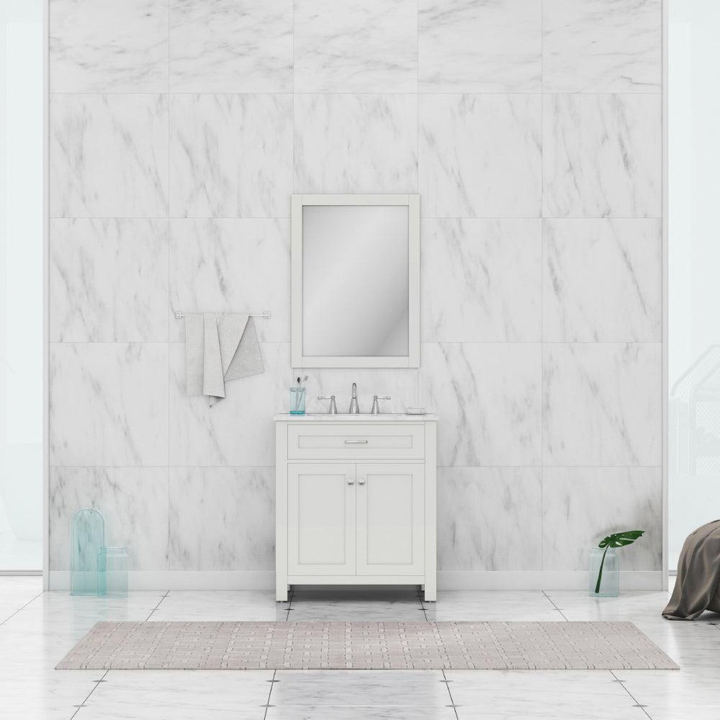 Alya Bath Norwalk 30" Single White Freestanding  Bathroom Vanity With Carrara Marble Top, Ceramic Sink and Wall Mounted Mirror - HE-101-30-W-CWMT + HE-101/102-30-W-M