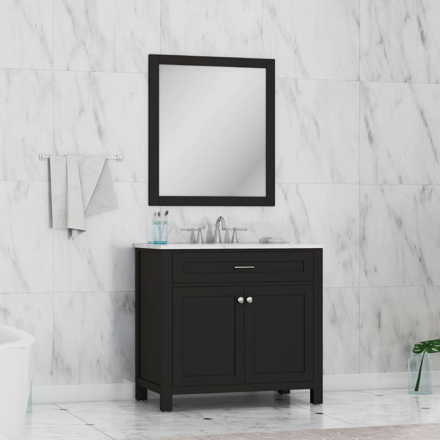 Alya Bath Norwalk 36" Single Espresso Freestanding  Bathroom Vanity With Carrara Marble Top, Ceramic Sink and Wall Mounted Mirror - HE-101-36-E-CWMT + HE-101/102-36-G-M