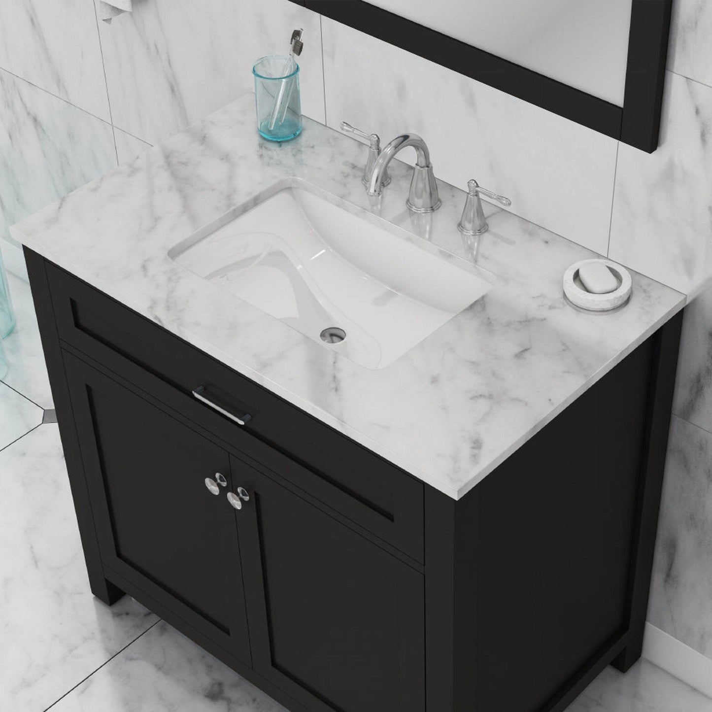 Alya Bath Norwalk 36" Single Espresso Freestanding  Bathroom Vanity With Carrara Marble Top, Ceramic Sink and Wall Mounted Mirror - HE-101-36-E-CWMT + HE-101/102-36-G-M