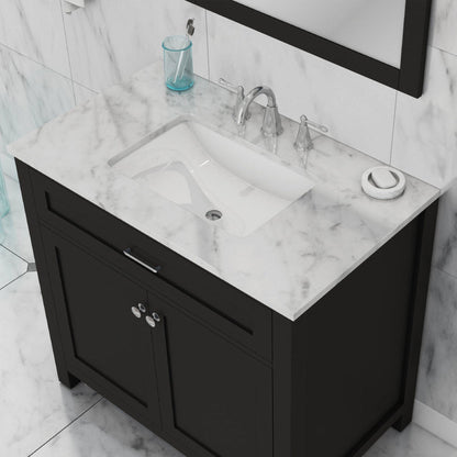 Alya Bath Norwalk 36" Single Espresso Freestanding  Bathroom Vanity With Carrara Marble Top, Ceramic Sink and Wall Mounted Mirror - HE-101-36-E-CWMT + HE-101/102-36-G-M