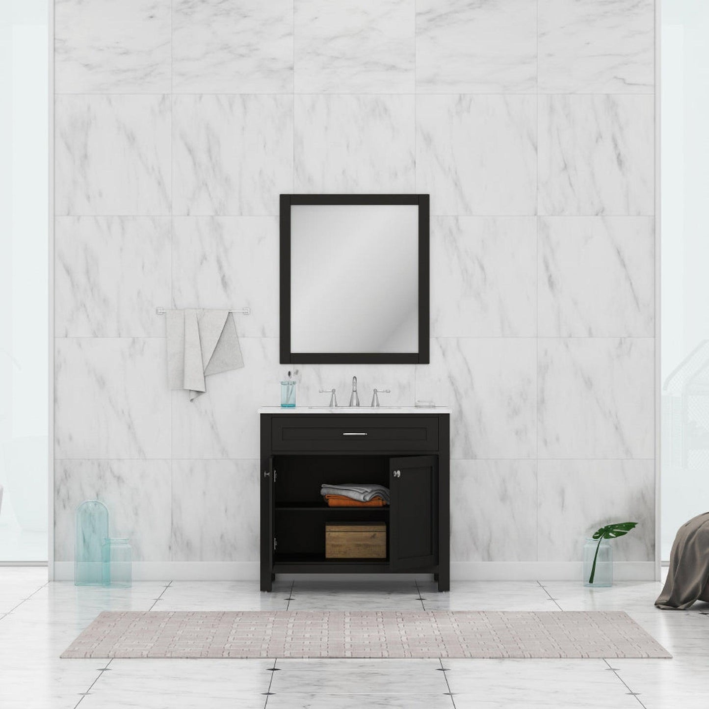 Alya Bath Norwalk 36" Single Espresso Freestanding  Bathroom Vanity With Carrara Marble Top, Ceramic Sink and Wall Mounted Mirror - HE-101-36-E-CWMT + HE-101/102-36-G-M