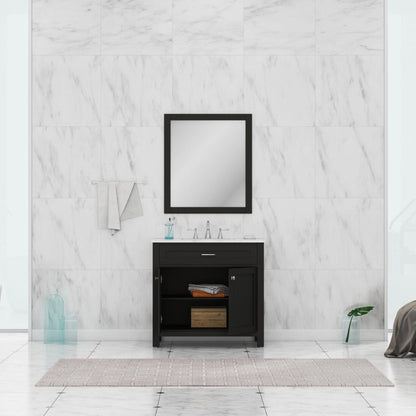Alya Bath Norwalk 36" Single Espresso Freestanding  Bathroom Vanity With Carrara Marble Top, Ceramic Sink and Wall Mounted Mirror - HE-101-36-E-CWMT + HE-101/102-36-G-M