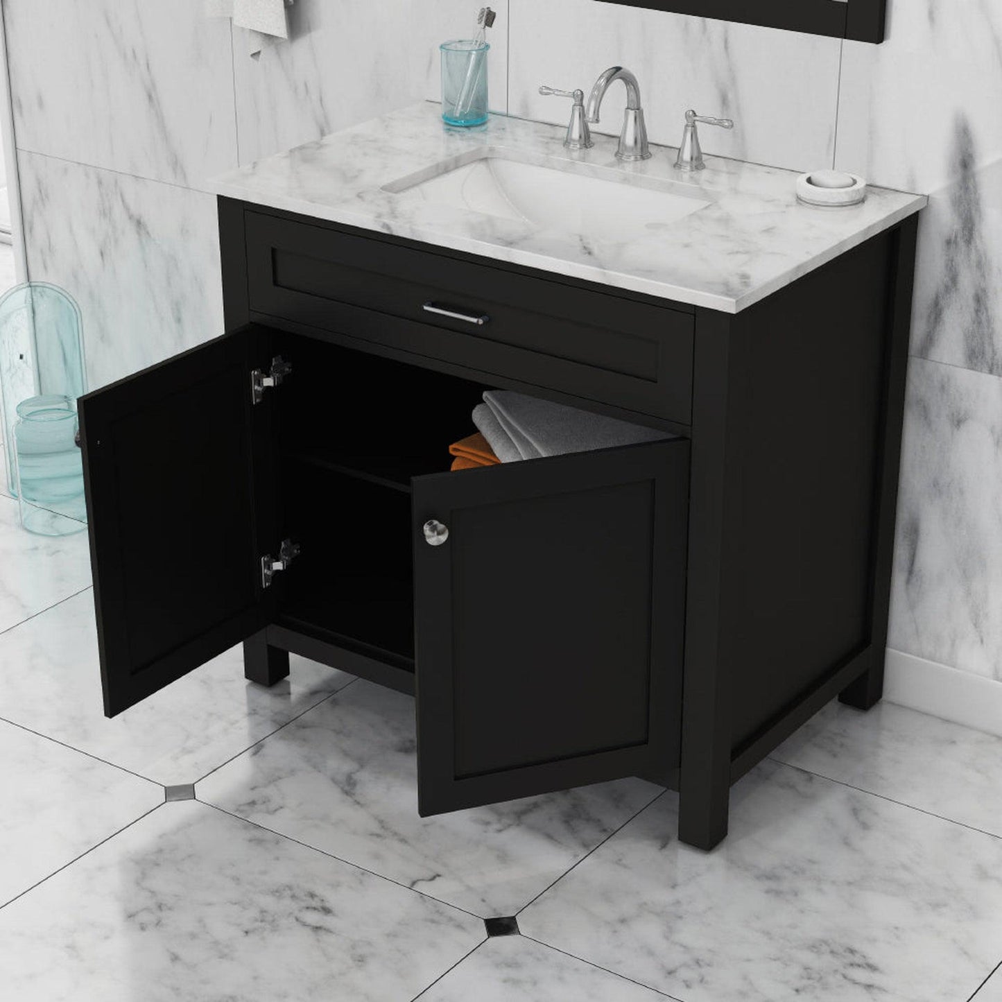 Alya Bath Norwalk 36" Single Espresso Freestanding  Bathroom Vanity With Carrara Marble Top, Ceramic Sink and Wall Mounted Mirror - HE-101-36-E-CWMT + HE-101/102-36-G-M