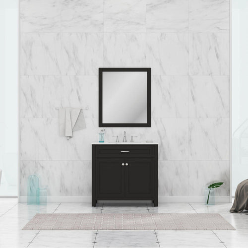 Alya Bath Norwalk 36" Single Espresso Freestanding  Bathroom Vanity With Carrara Marble Top, Ceramic Sink and Wall Mounted Mirror - HE-101-36-E-CWMT + HE-101/102-36-G-M