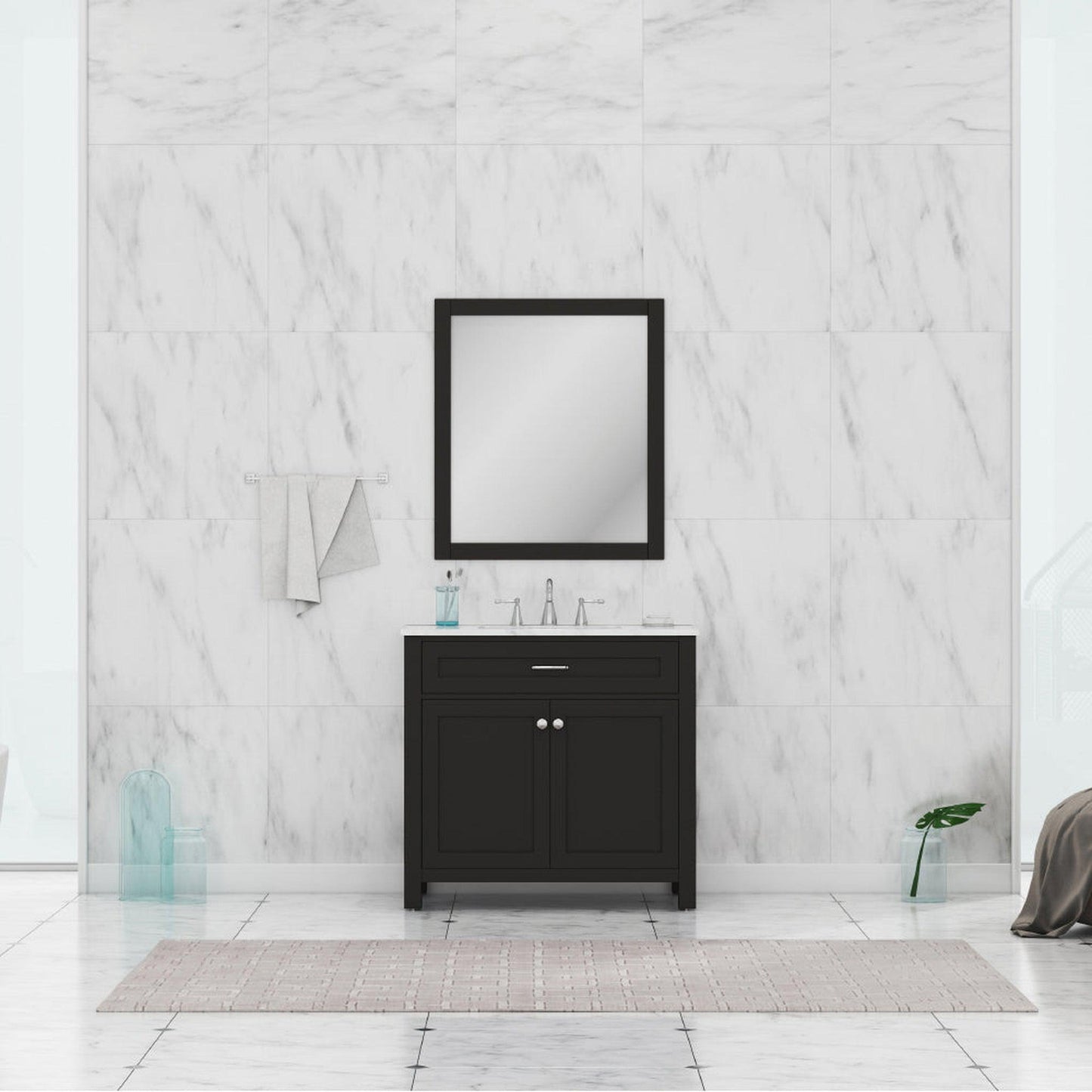 Alya Bath Norwalk 36" Single Espresso Freestanding  Bathroom Vanity With Carrara Marble Top, Ceramic Sink and Wall Mounted Mirror - HE-101-36-E-CWMT + HE-101/102-36-G-M
