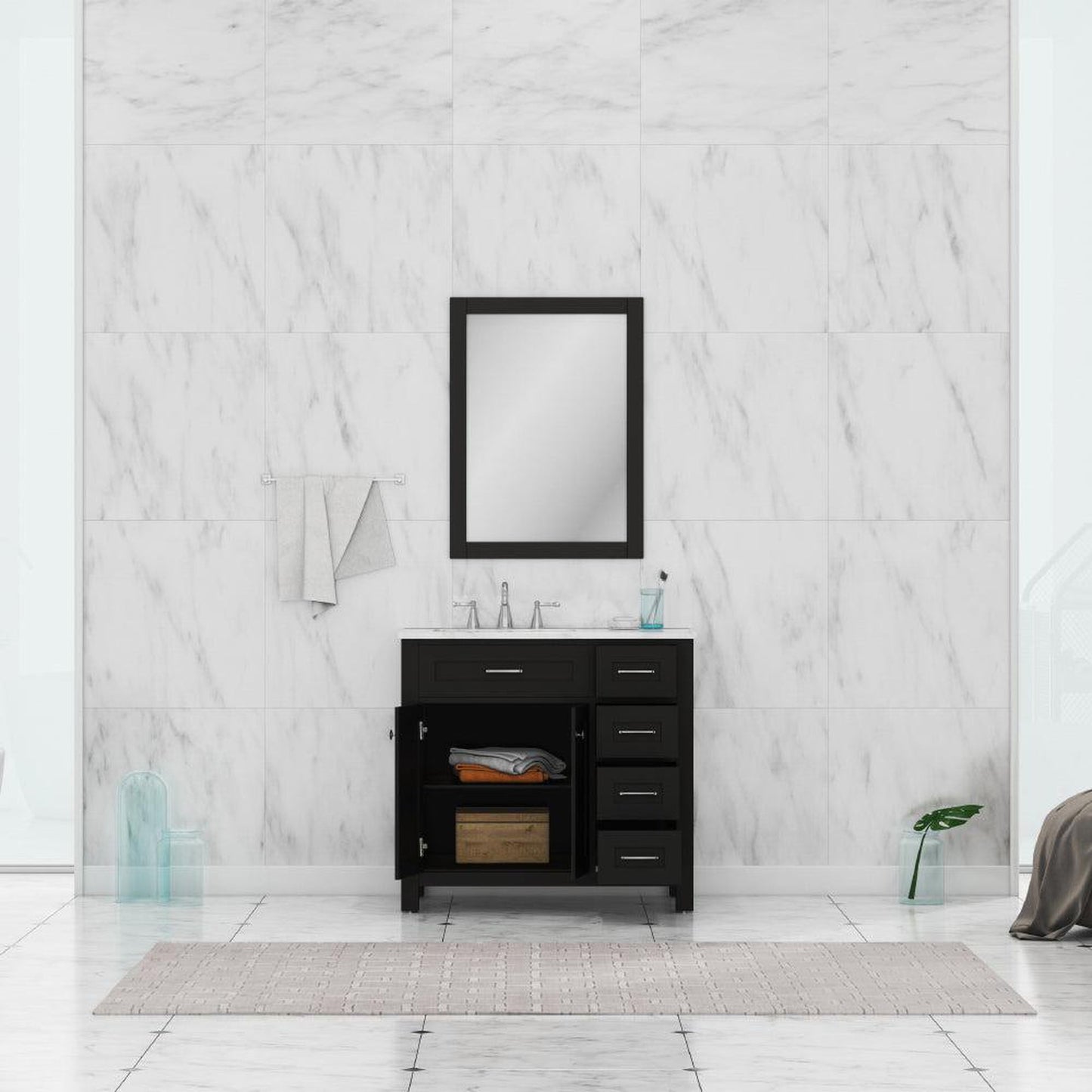 Alya Bath Norwalk 36" Single Espresso Freestanding  Bathroom Vanity With Drawers, Carrara Marble Top, Ceramic Sink and Wall Mounted Mirror - HE-101-36-DR-E-CWMT + HE-101/102-36-G-M