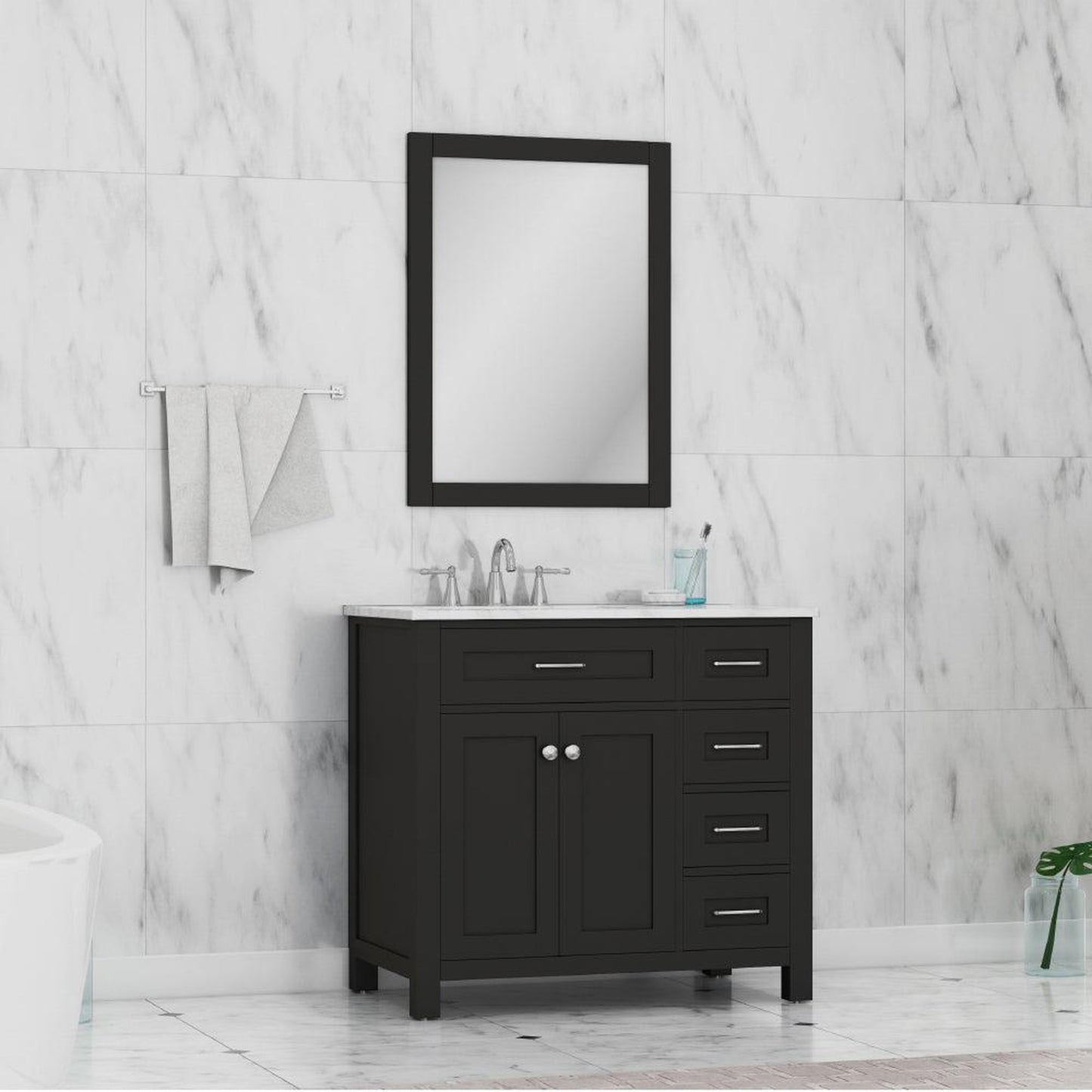 Alya Bath Norwalk 36" Single Espresso Freestanding  Bathroom Vanity With Drawers, Carrara Marble Top, Ceramic Sink and Wall Mounted Mirror - HE-101-36-DR-E-CWMT + HE-101/102-36-G-M
