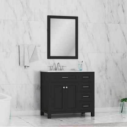 Alya Bath Norwalk 36" Single Espresso Freestanding  Bathroom Vanity With Drawers, Carrara Marble Top, Ceramic Sink and Wall Mounted Mirror - HE-101-36-DR-E-CWMT + HE-101/102-36-G-M