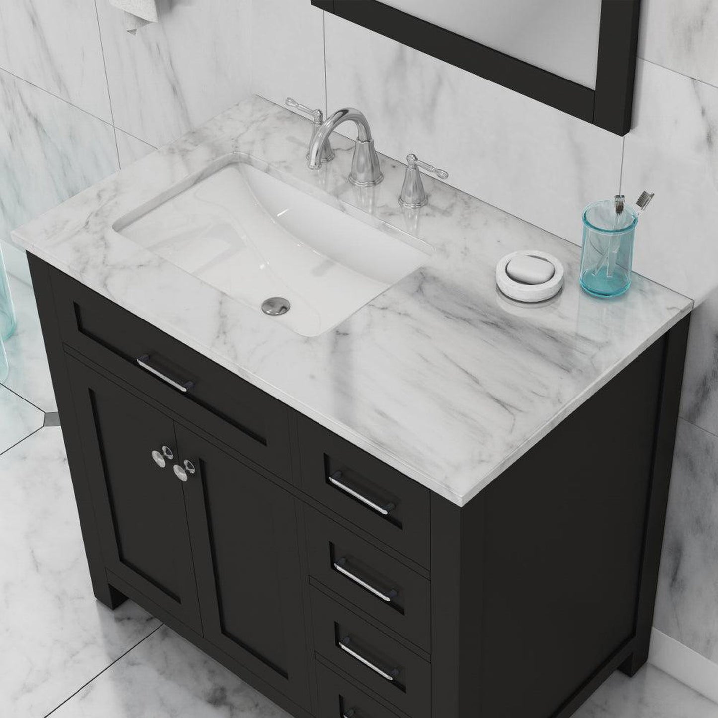 Alya Bath Norwalk 36" Single Espresso Freestanding  Bathroom Vanity With Drawers, Carrara Marble Top, Ceramic Sink and Wall Mounted Mirror - HE-101-36-DR-E-CWMT + HE-101/102-36-G-M