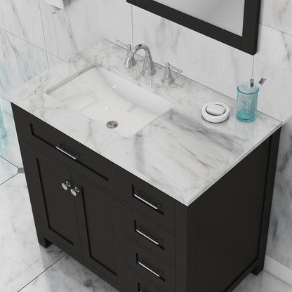 Alya Bath Norwalk 36" Single Espresso Freestanding  Bathroom Vanity With Drawers, Carrara Marble Top, Ceramic Sink and Wall Mounted Mirror - HE-101-36-DR-E-CWMT + HE-101/102-36-G-M