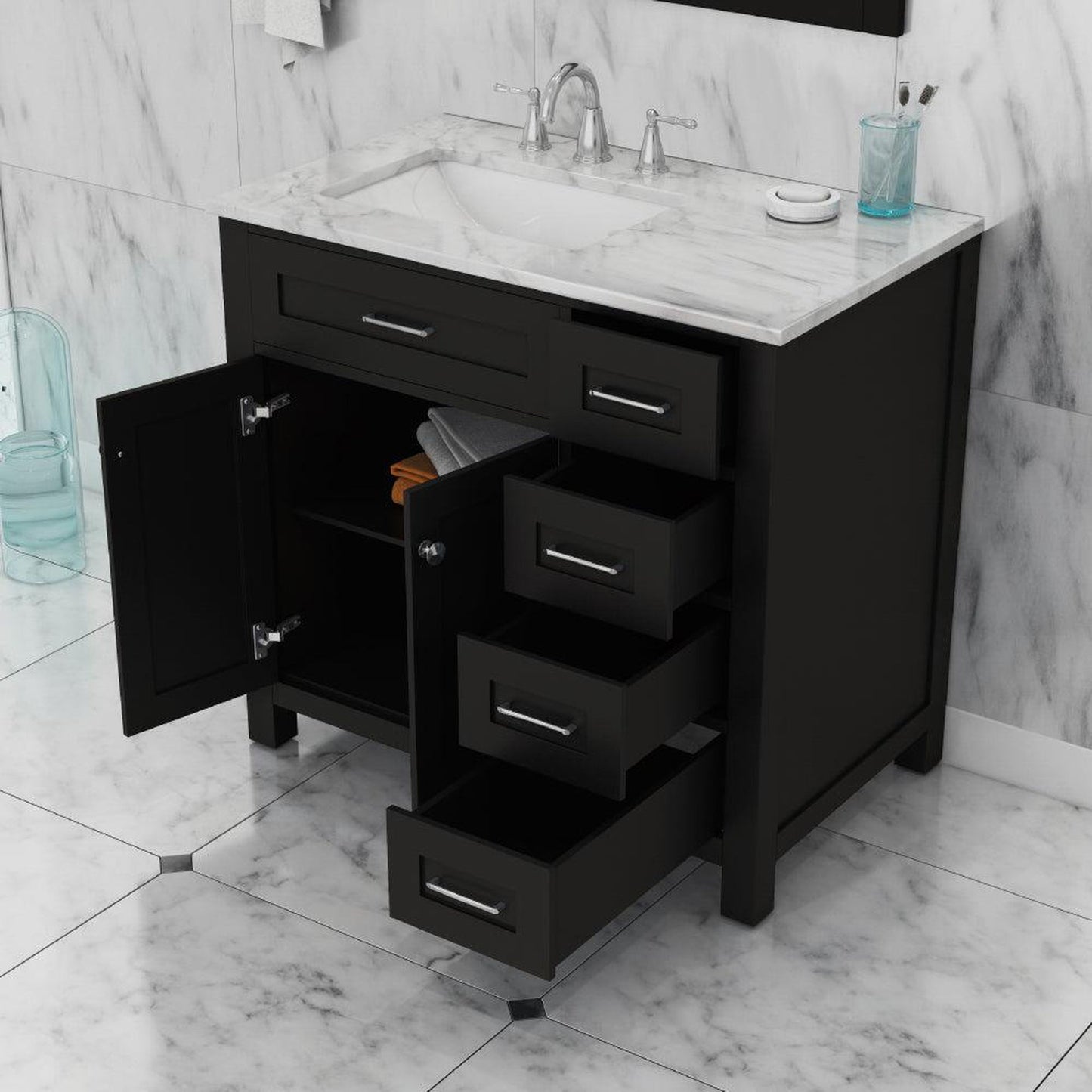 Alya Bath Norwalk 36" Single Espresso Freestanding  Bathroom Vanity With Drawers, Carrara Marble Top, Ceramic Sink and Wall Mounted Mirror - HE-101-36-DR-E-CWMT + HE-101/102-36-G-M