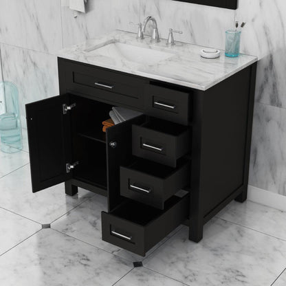 Alya Bath Norwalk 36" Single Espresso Freestanding  Bathroom Vanity With Drawers, Carrara Marble Top, Ceramic Sink and Wall Mounted Mirror - HE-101-36-DR-E-CWMT + HE-101/102-36-G-M