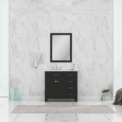 Alya Bath Norwalk 36" Single Espresso Freestanding  Bathroom Vanity With Drawers, Carrara Marble Top, Ceramic Sink and Wall Mounted Mirror - HE-101-36-DR-E-CWMT + HE-101/102-36-G-M