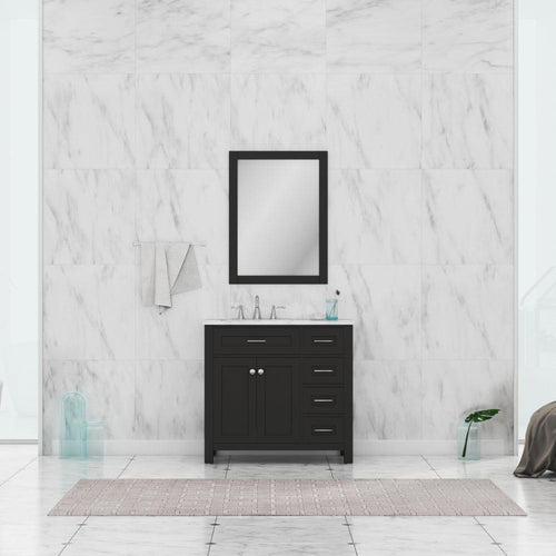 Alya Bath Norwalk 36" Single Espresso Freestanding  Bathroom Vanity With Drawers, Carrara Marble Top, Ceramic Sink and Wall Mounted Mirror - HE-101-36-DR-E-CWMT + HE-101/102-36-G-M