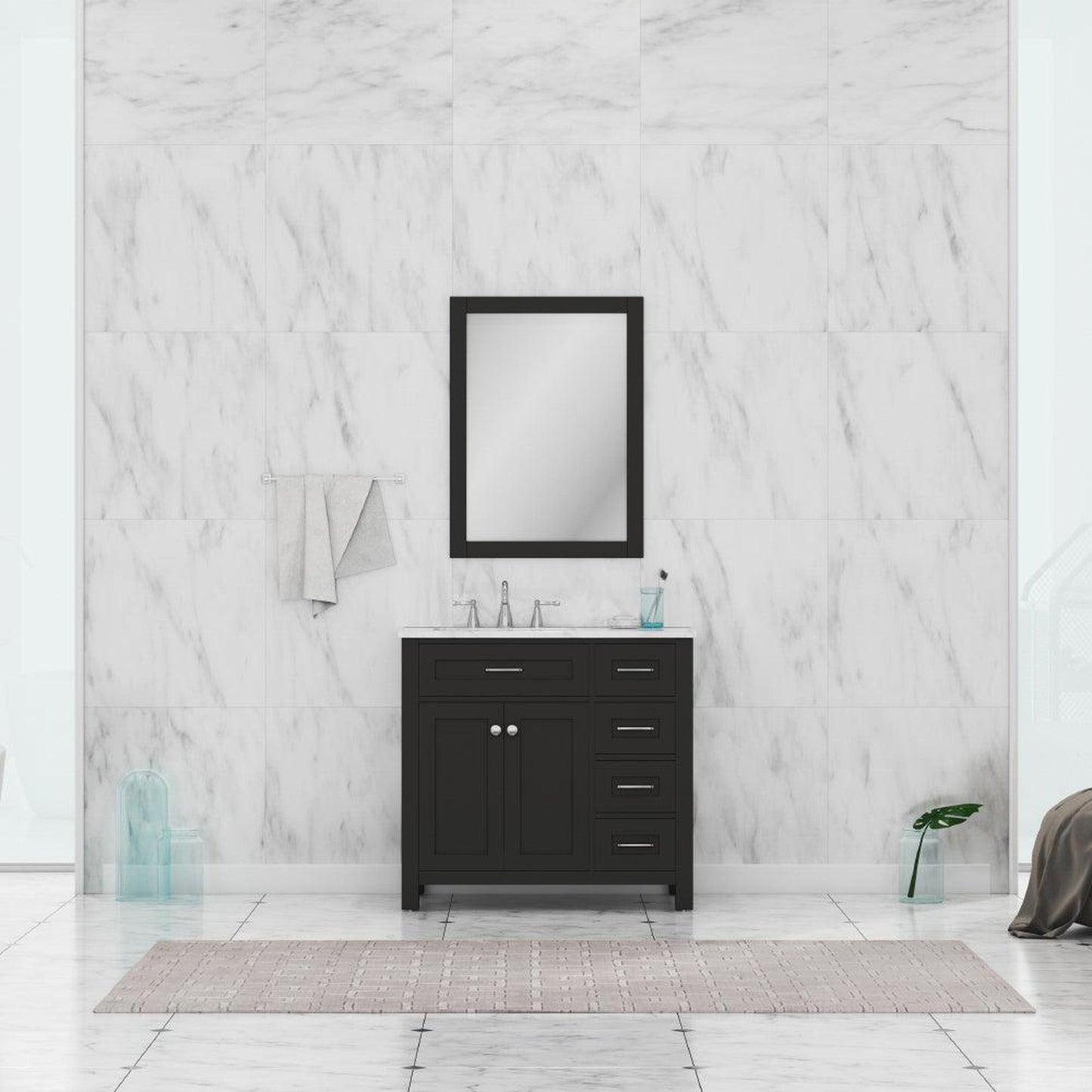 Alya Bath Norwalk 36" Single Espresso Freestanding  Bathroom Vanity With Drawers, Carrara Marble Top, Ceramic Sink and Wall Mounted Mirror - HE-101-36-DR-E-CWMT + HE-101/102-36-G-M