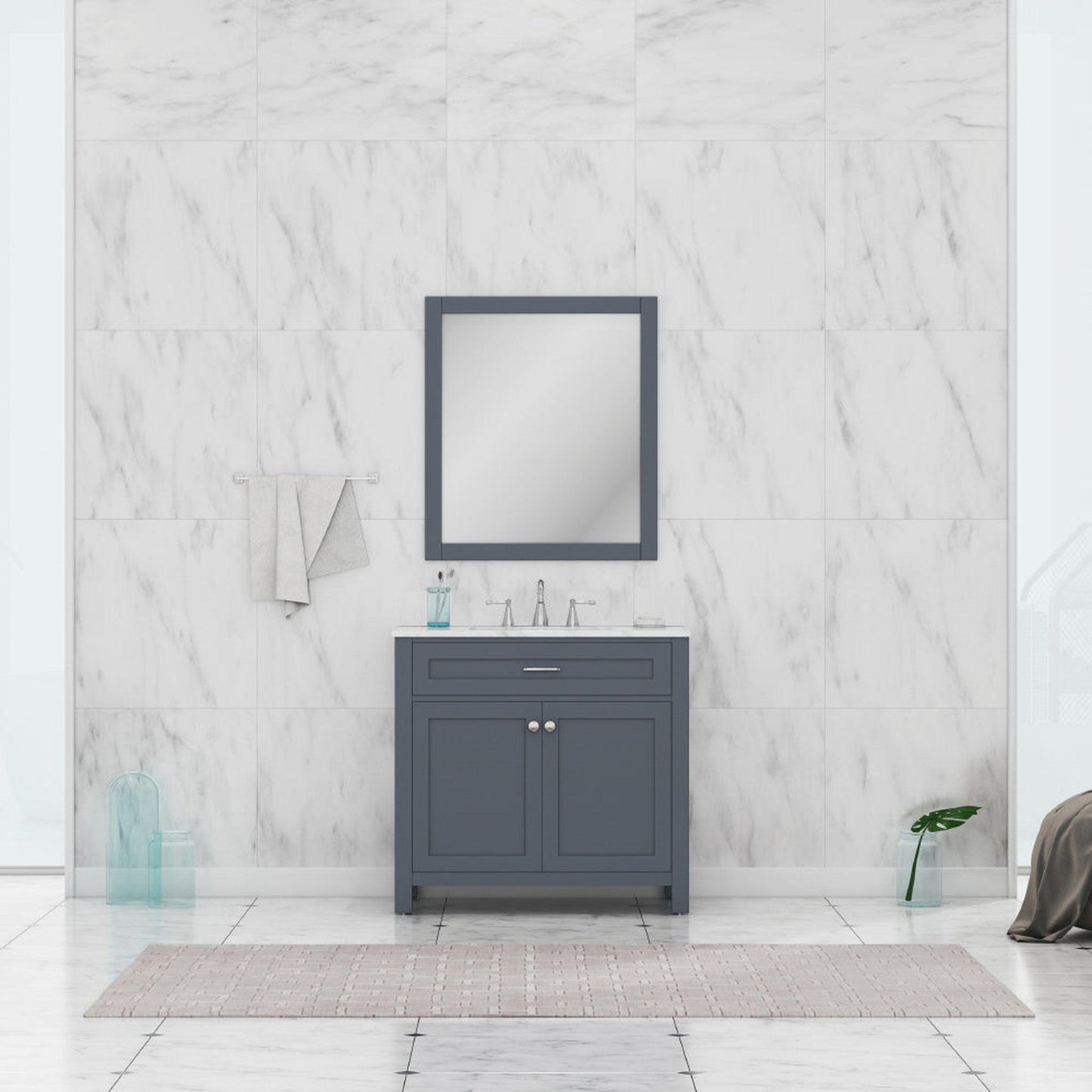 Alya Bath Norwalk 36" Single Gray Freestanding  Bathroom Vanity With Carrara Marble Top, Ceramic Sink and Wall Mounted Mirror - HE-101-36-G-CWMT + HE-101/102-36-G-M