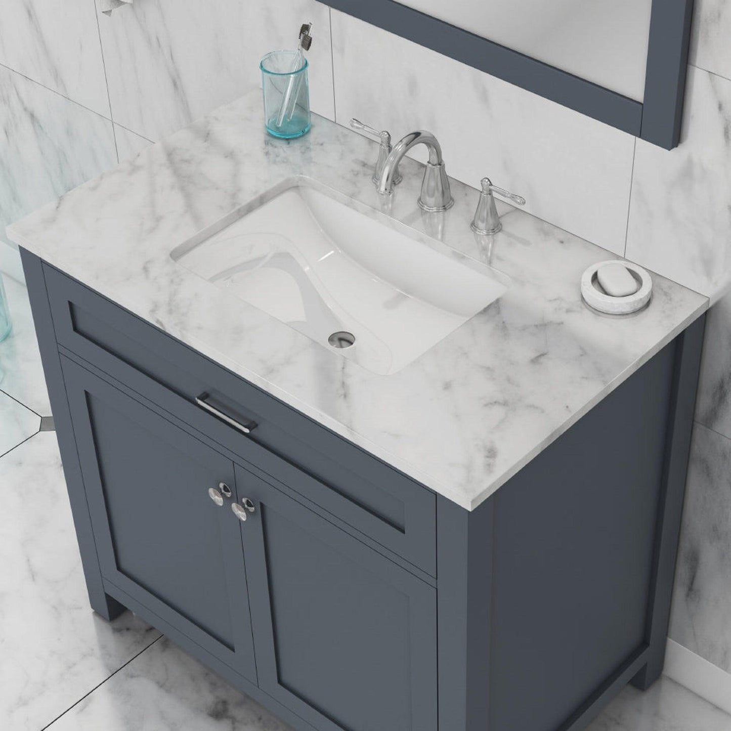 Alya Bath Norwalk 36" Single Gray Freestanding  Bathroom Vanity With Carrara Marble Top, Ceramic Sink and Wall Mounted Mirror - HE-101-36-G-CWMT + HE-101/102-36-G-M