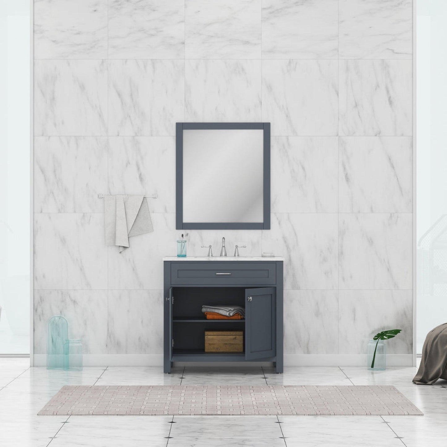 Alya Bath Norwalk 36" Single Gray Freestanding  Bathroom Vanity With Carrara Marble Top, Ceramic Sink and Wall Mounted Mirror - HE-101-36-G-CWMT + HE-101/102-36-G-M