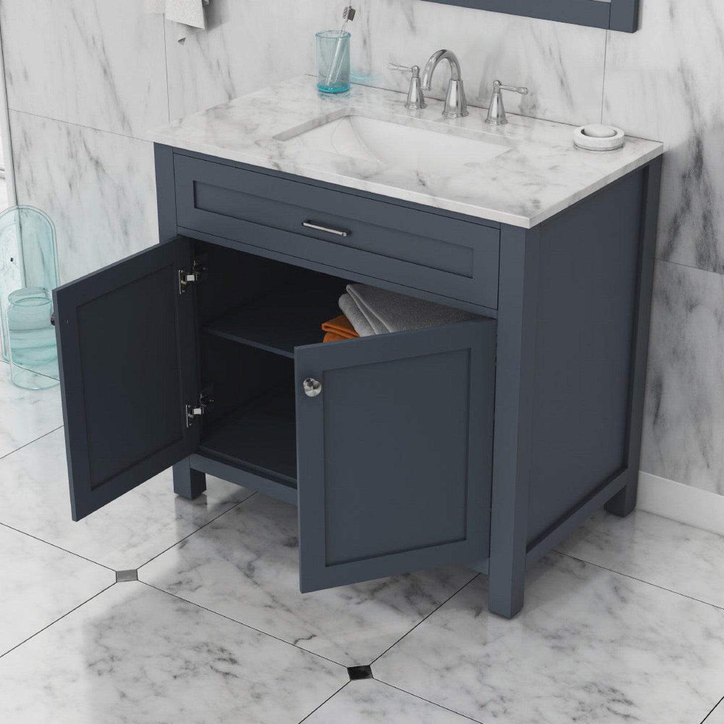 Alya Bath Norwalk 36" Single Gray Freestanding  Bathroom Vanity With Carrara Marble Top, Ceramic Sink and Wall Mounted Mirror - HE-101-36-G-CWMT + HE-101/102-36-G-M