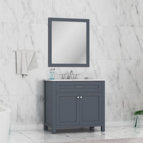 Alya Bath Norwalk 36" Single Gray Freestanding  Bathroom Vanity With Carrara Marble Top, Ceramic Sink and Wall Mounted Mirror - HE-101-36-G-CWMT + HE-101/102-36-G-M